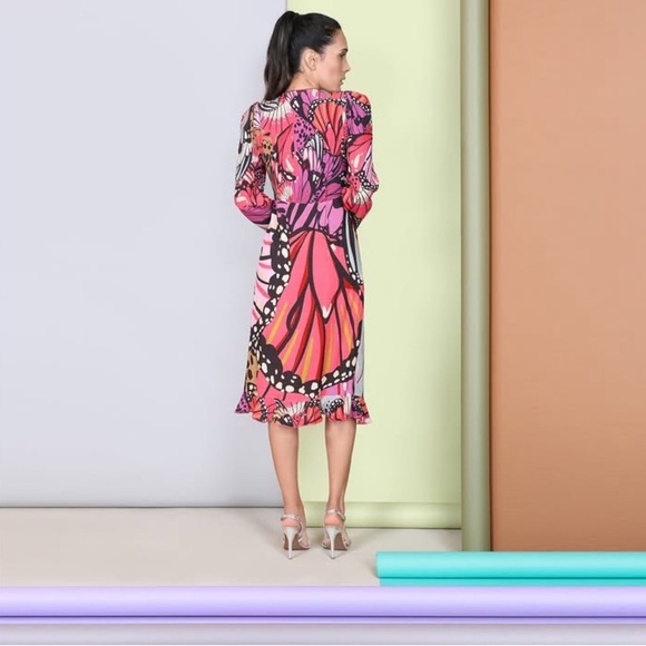 NWT BL^NK LONDON X ANTHROPOLOGIE Butterfly Faux Wrap Midi Dress Size Small - Picture 2 of 12